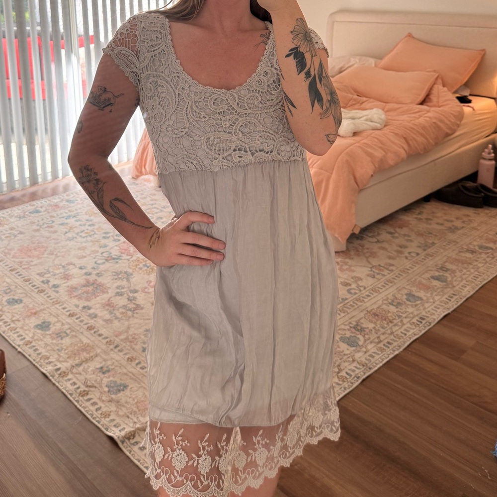 Piazza Roma 100% Silk Lace-Trim Grey Cocktail Midi Dress - Picture 3 of 4